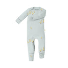 Light blue baby onesie with yellow duck patterns on a white background