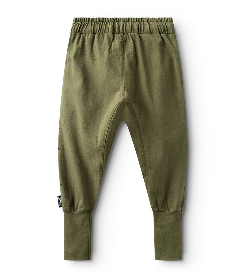 flat lay of the back of army green sweatpants