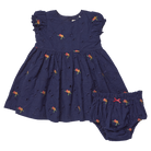 A navy blue baby dress with ruffled cap sleeves and matching bloomers, both featuring a small colorful floral print, shown on a plain white background.