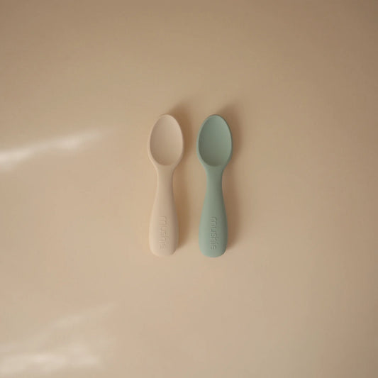 Silicone Toddler Starter Spoons 2-Pack - Cambridge Blue + Shifting Sand