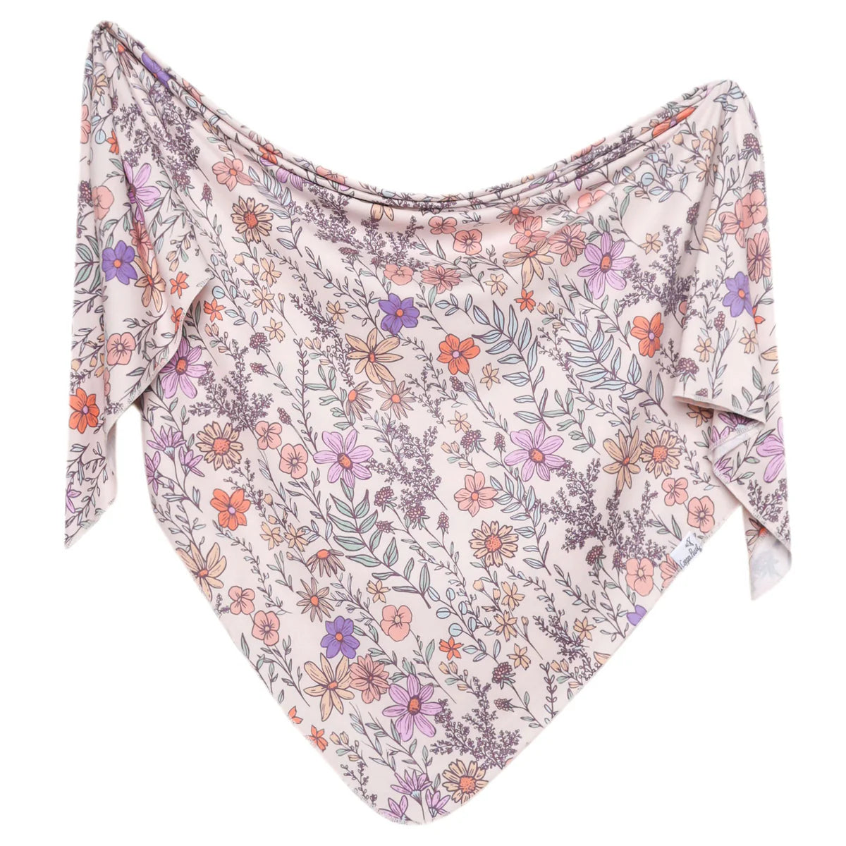 A floral-patterned knit swaddle blanket with purple and pink shades 