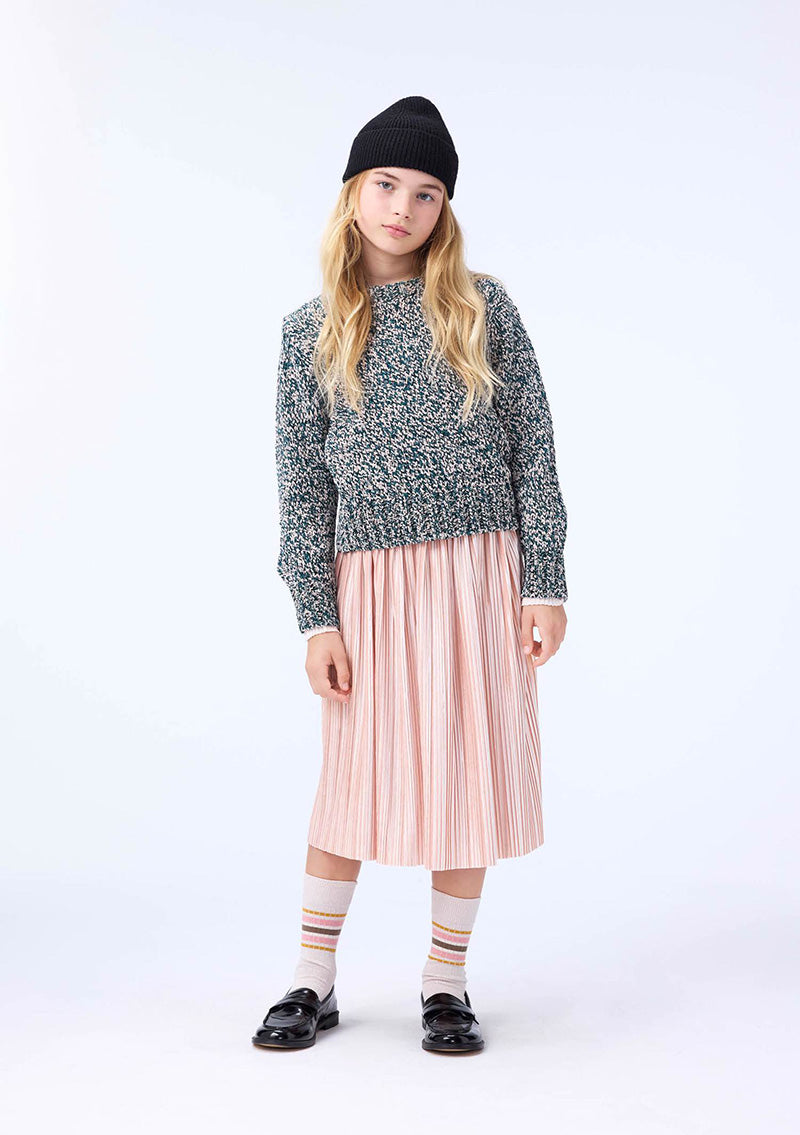 Young girl wearing a patterned sweater, pink pleated skirt, black shoes, and a black beanie on a white background