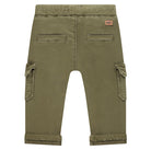 Green cargo pants with a brand label on a white background