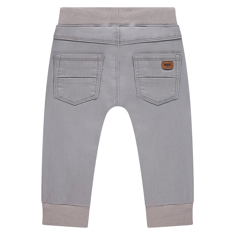 Gray baby pants with a brand logo on a white background
