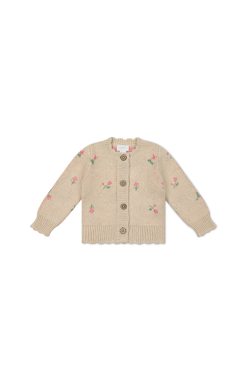 Kid's Pink Flower Tan Button up Cardigan 