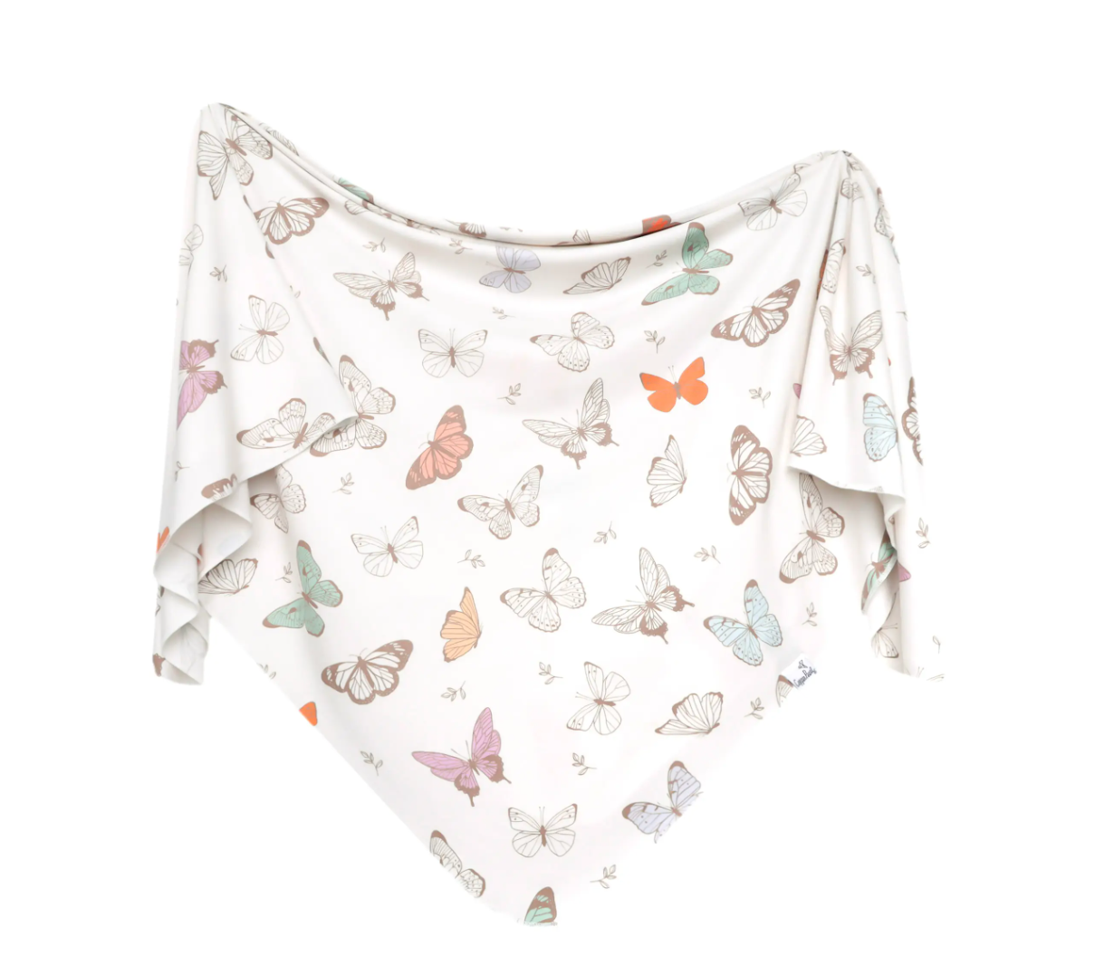 A knit swaddle blanket with a pattern of colorful butterflies on a white background, draped and twisted at the edges.