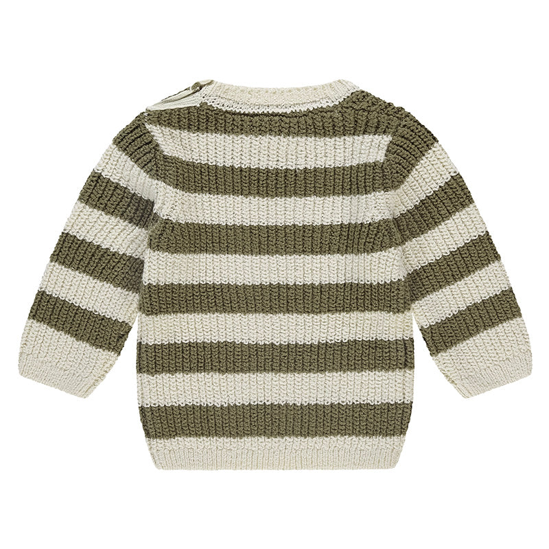 Knitted sweater with green and beige stripes on a white background