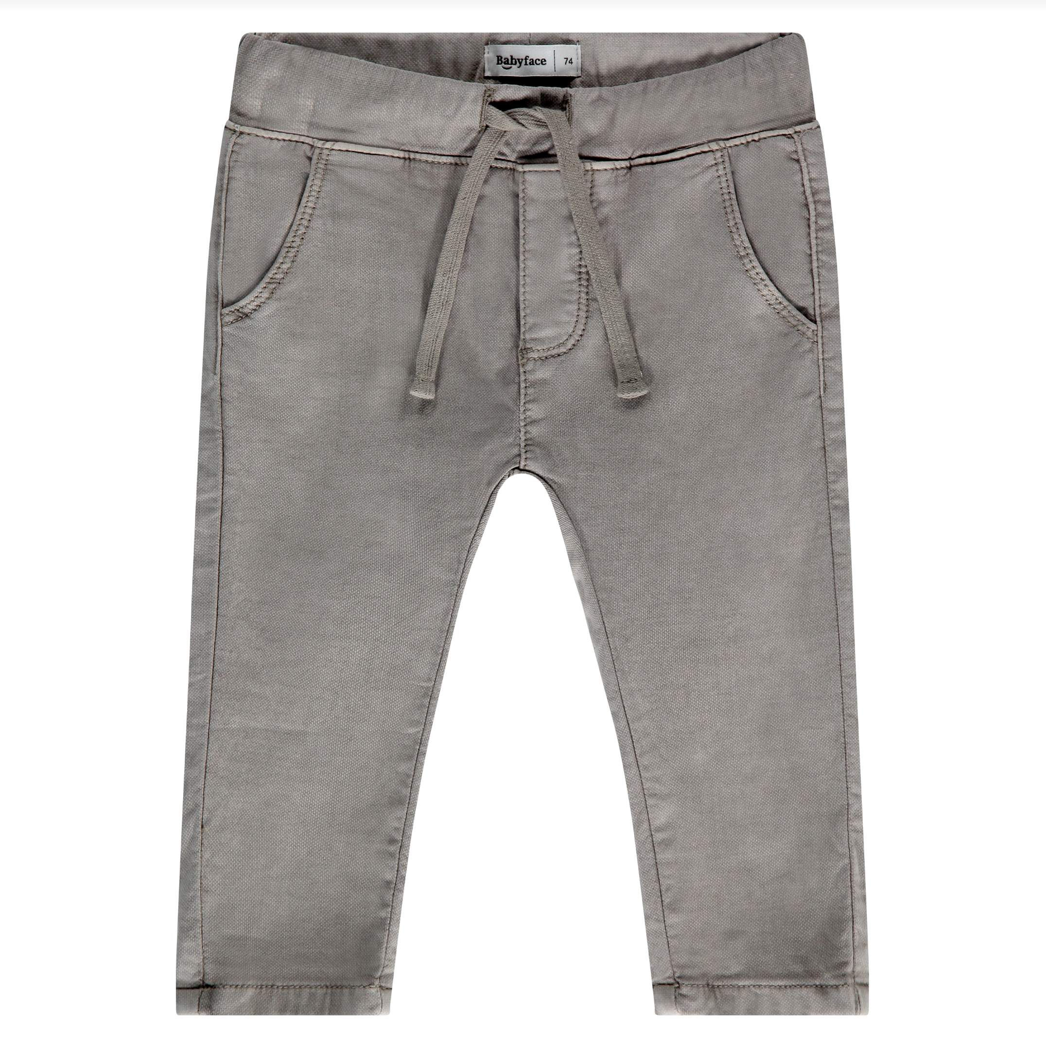 Baby boys' taupe colored worker pants with elastic ankle cuffs and a drawstring waist.