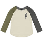 Long-sleeve shirt with a lightning bolt design and green and grey sleeves on a white background