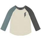 Long-sleeve shirt with a lightning bolt design and blue and grey sleeves on a white background