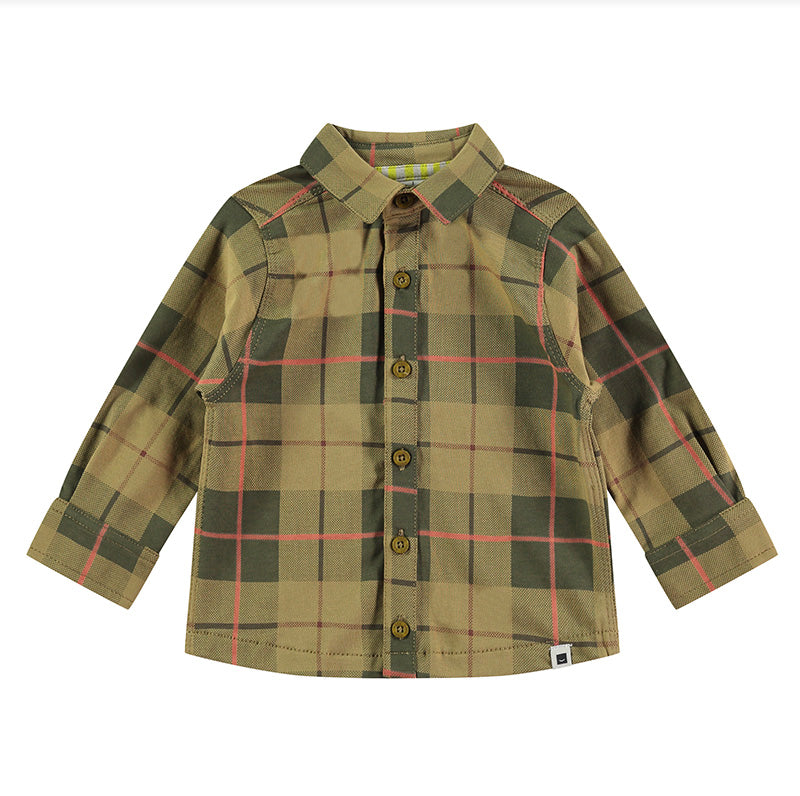 A long-sleeved plaid shirt for baby boys, with a kiwi color scheme and a button-up front.