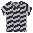 A navy and white checkered baby boy's short sleeve t-shirt with a V-neck collar and a visible brand tag.