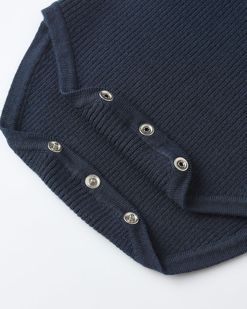 navy ribbed body suit with buttoned bottom