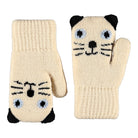 Pair of cream-colored mittens with cat face design on a white background