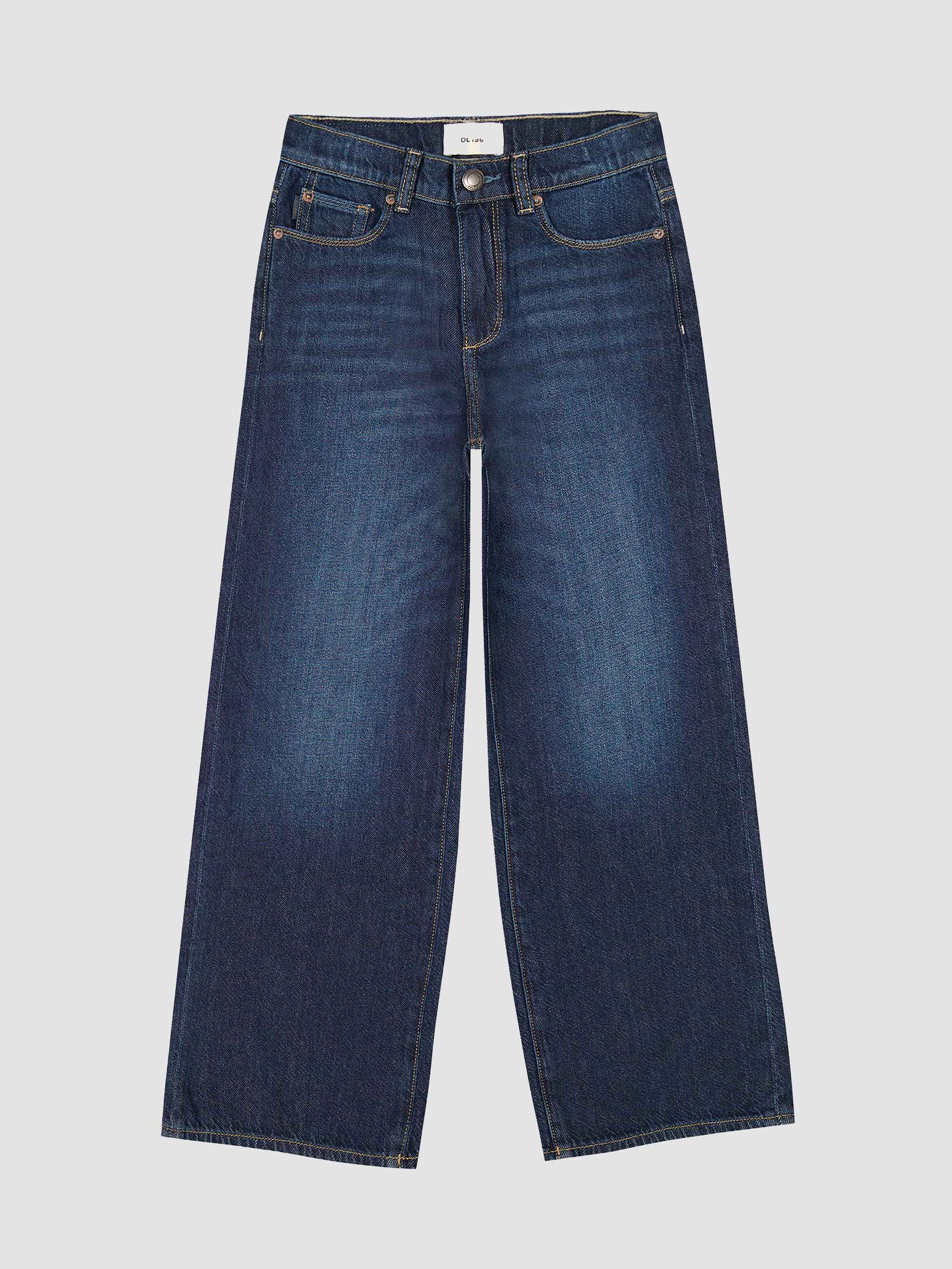 Pair of blue wide leg jeans on a light gray background