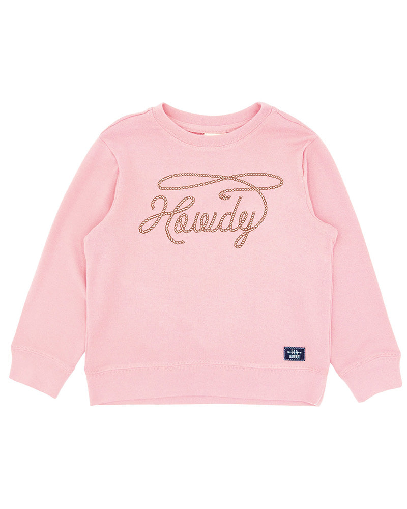 Pink sweatshirt with 'Howdy' text on a white background