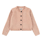 Knitted cardigan with black buttons on a white background