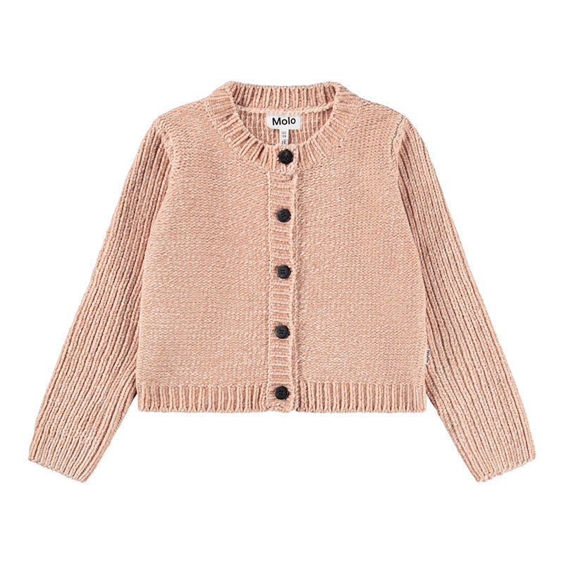 Knitted cardigan with black buttons on a white background