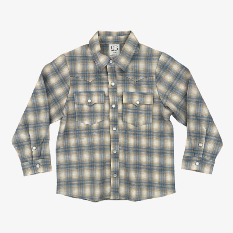 Plaid shirt with button details on a white background