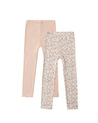 Two pairs of leggings, one plain pink and one with a floral pattern, on a white background.