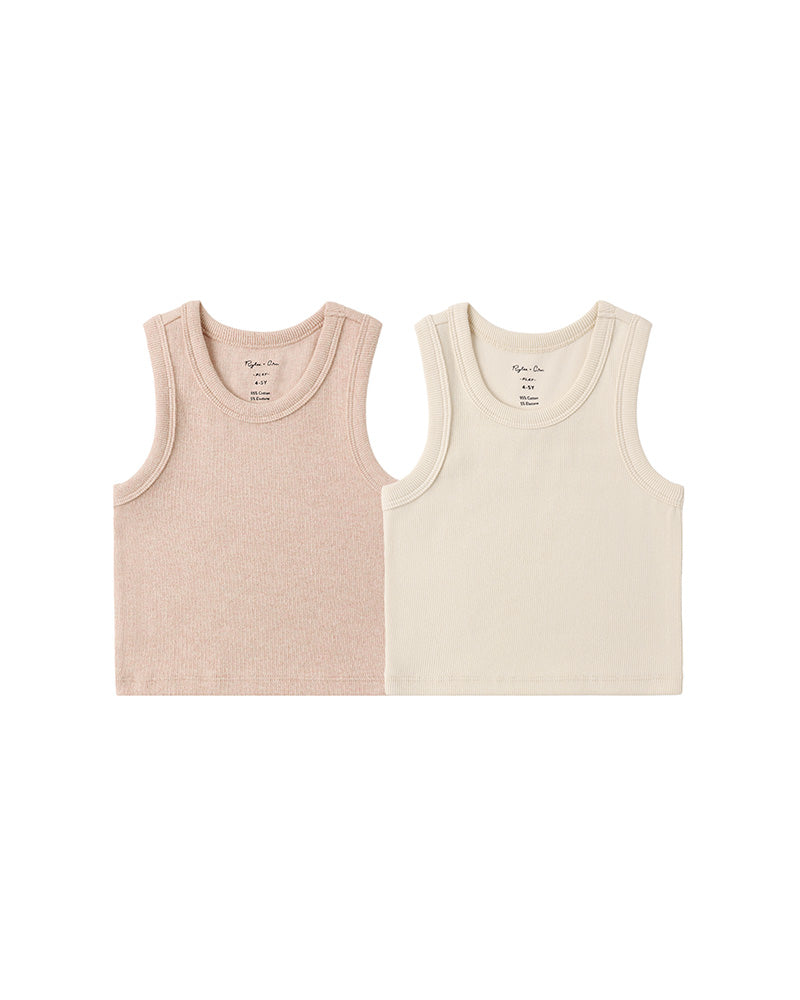 Two sleeveless shirts, one pink and one beige, on a white background.
