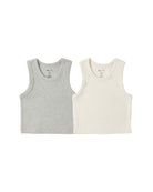 Two tank tops, one gray and one beige, on a white background.