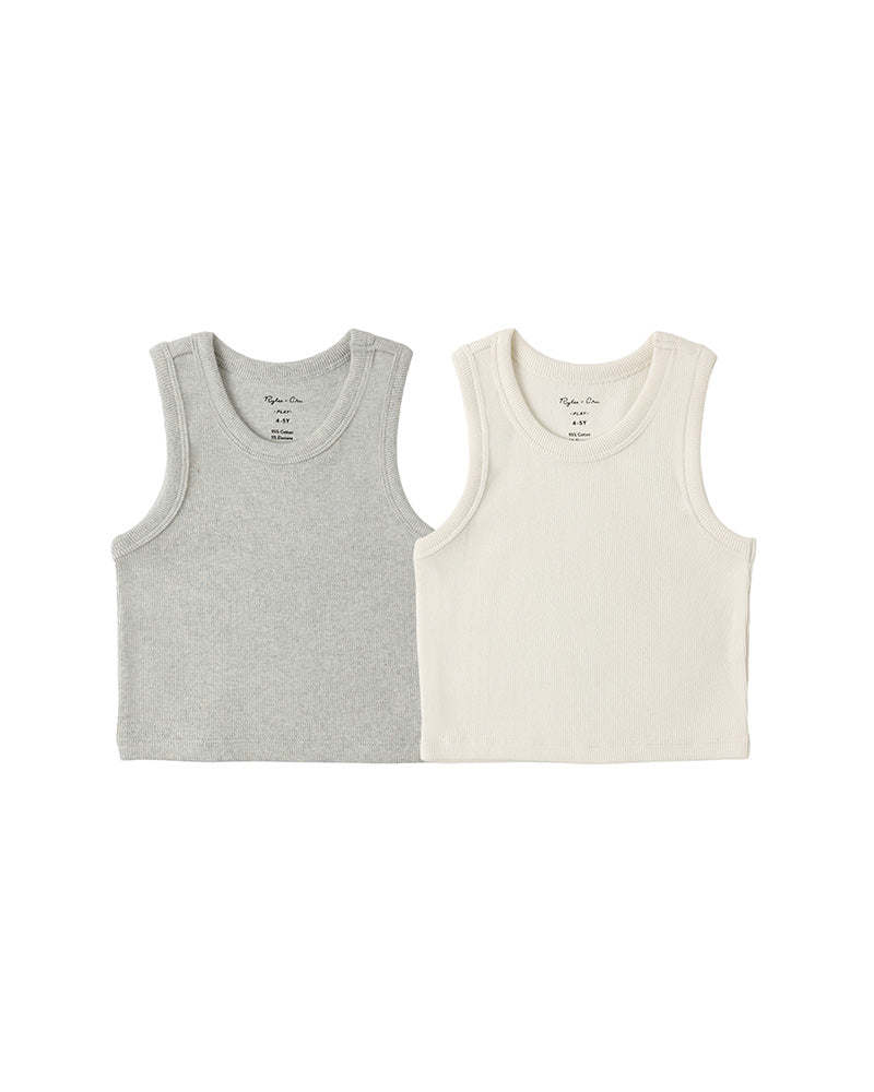 Two tank tops, one gray and one beige, on a white background.