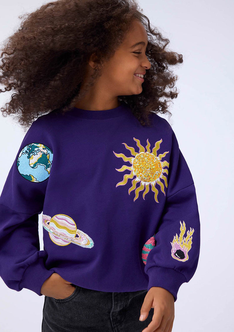 Child wearing a purple sweatshirt with space-themed patches on a white background