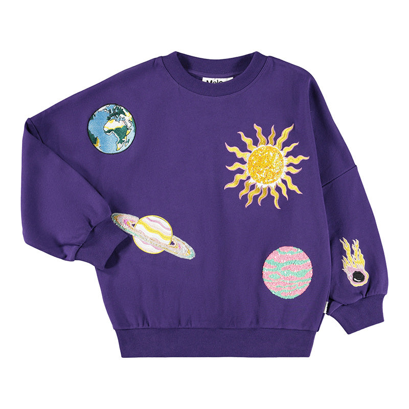 Purple sweatshirt with solar system-themed patches on a white background
