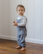 A pair of baby boy's gray linen bib overalls with elastic cuffed legs and adjustable shoulder straps, shown flat on a white background.