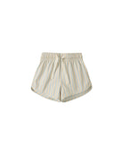 Striped swim shorts with an adjustable waistband on a white background