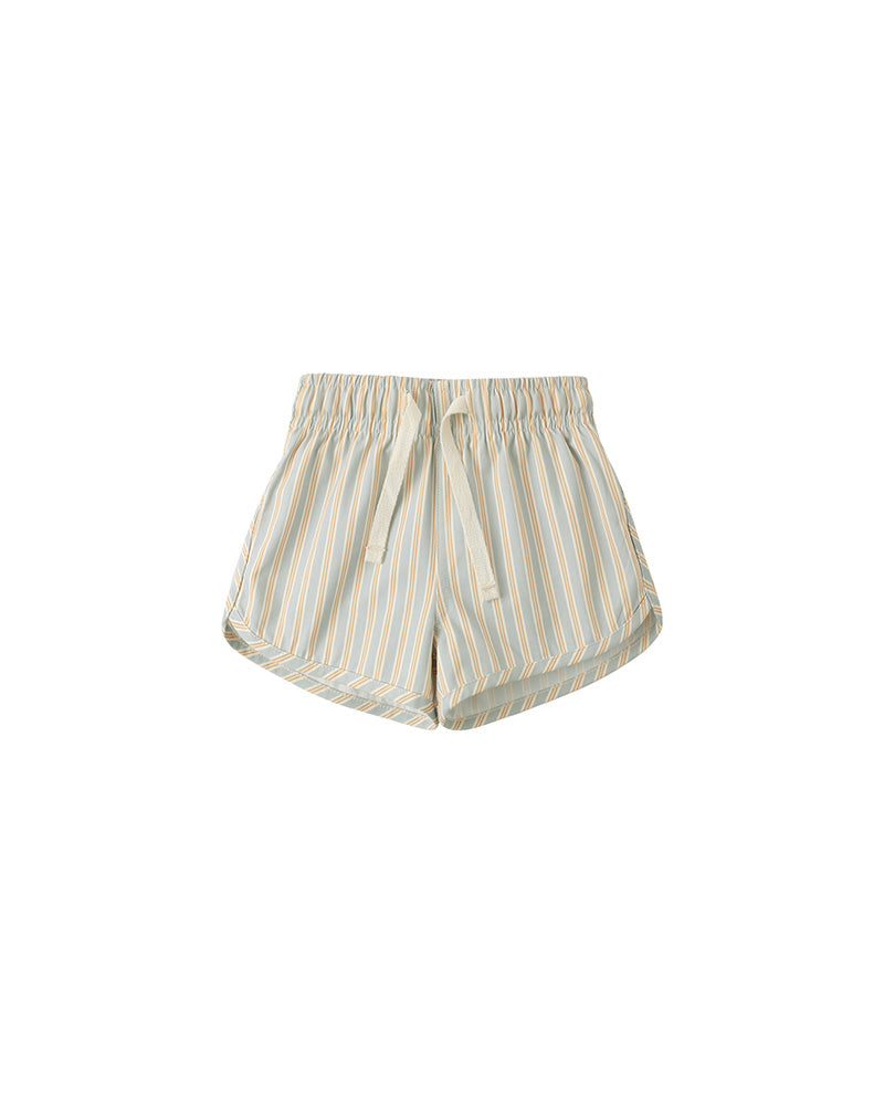 Striped swim shorts with an adjustable waistband on a white background