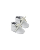 Pair of light blue baby booties with white laces on a white background