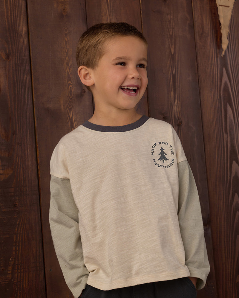 Children's long-sleeve multicolor shirt with a tree logo saying "Made For The Mountains" 