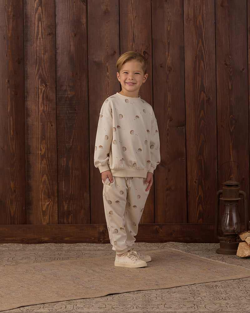 White sweatpants with brown porcupine pattern and a drawstring on a white background
