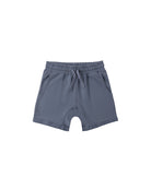 Gray shorts with a drawstring on a white background