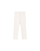 A pair of off-white, cream-colored ribbed knit leggings shown flat against a solid white background.