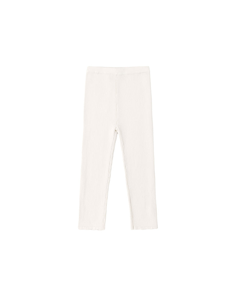 A pair of off-white, cream-colored ribbed knit leggings shown flat against a solid white background.