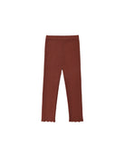 A pair of solid rust-colored ribbed leggings with scalloped hems, displayed flat against a plain white background.