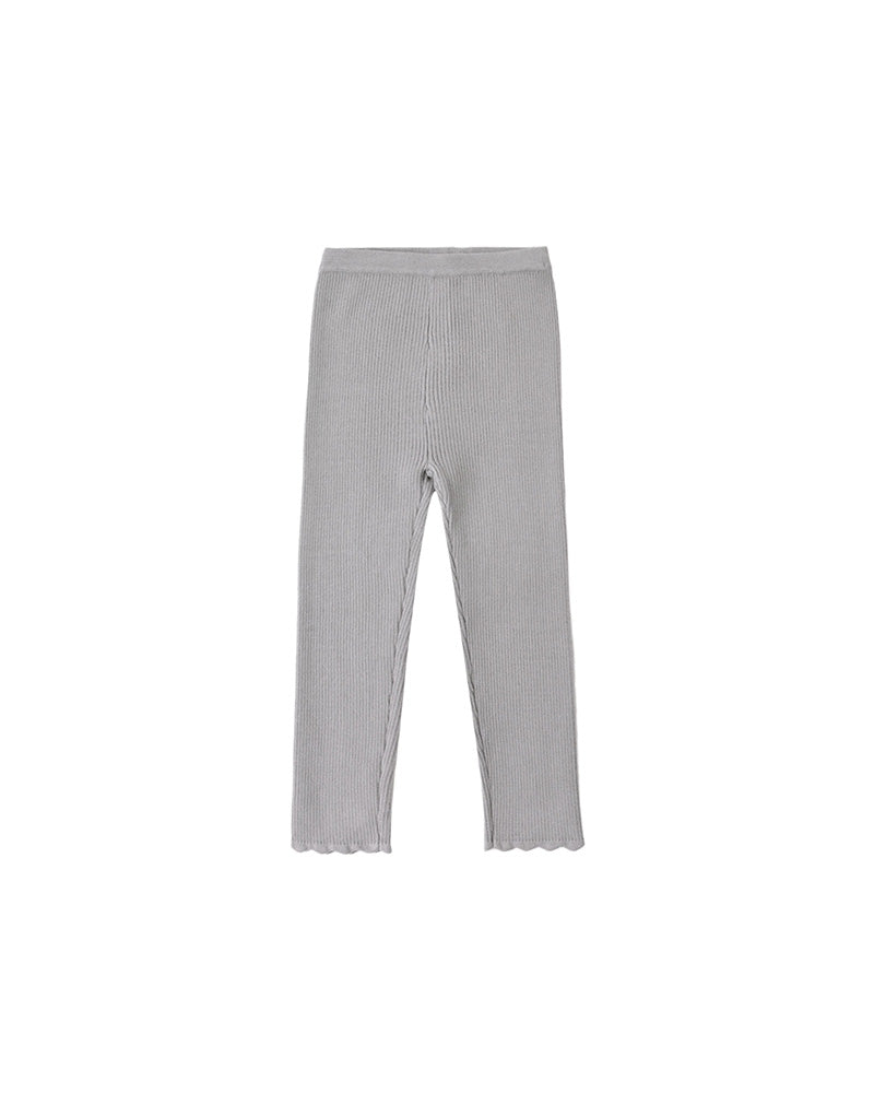 Light gray ribbed knit leggings with scalloped edges at the ankles, shown flat against a white background.