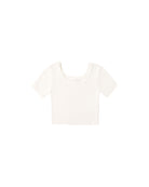 A short-sleeve ribbed knit crop top in off-white, displayed flat against a solid white background.