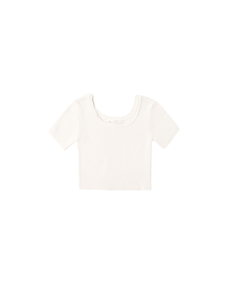A short-sleeve ribbed knit crop top in off-white, displayed flat against a solid white background.