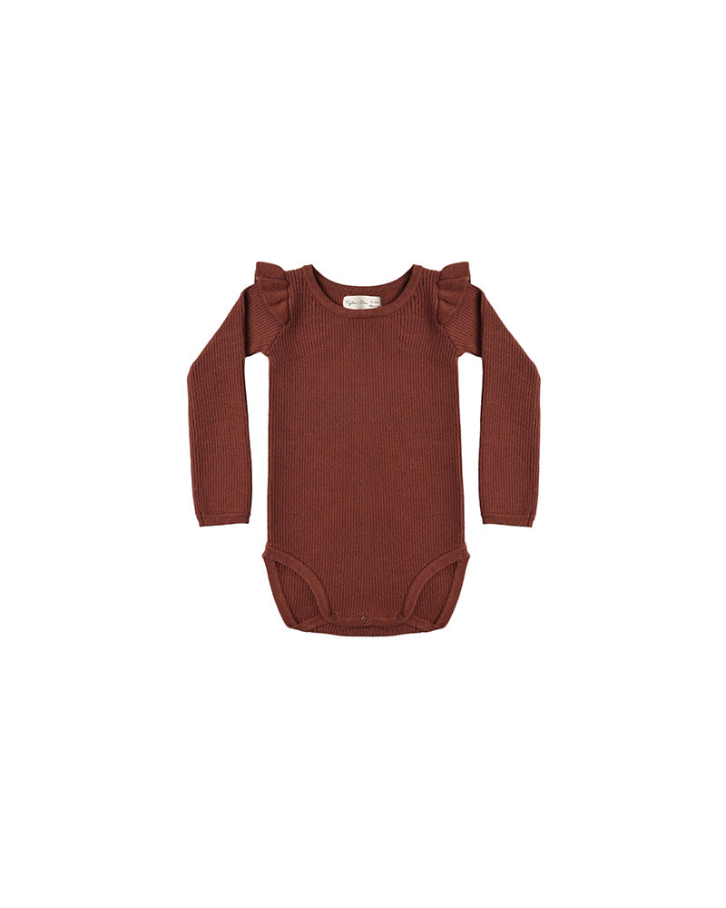 Red baby bodysuit with ruffled sleeves on a white background