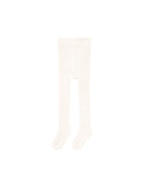 A pair of off-white ribbed tights laid flat on a solid white background.