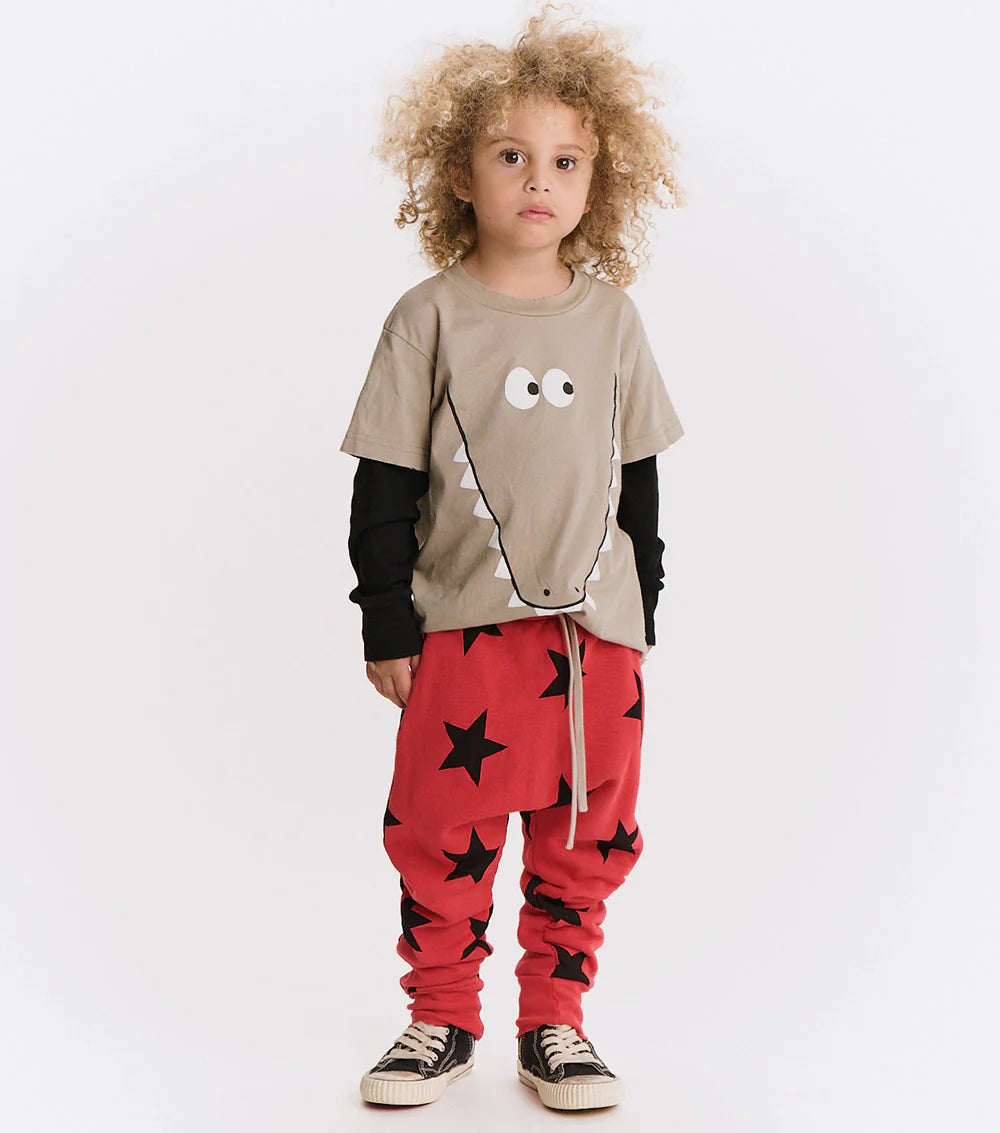 Child wearing a beige shirt with black sleeves and red pants with black star patterns on a white background