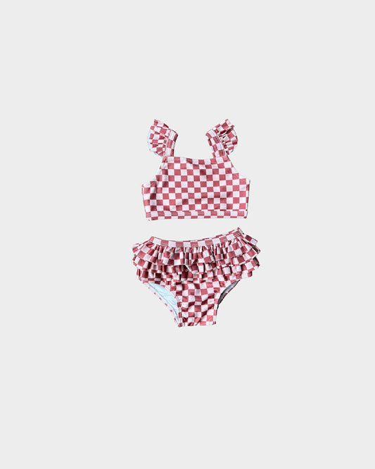 Ruffle Two-Piece Swim Suit - Strawberry Checkered