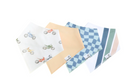 A set of four multicolored bandana bibs for babies, displayed in a row with the reverse side of each bib showing different patterns including a checkered design and a fabric with motorcycle prints.