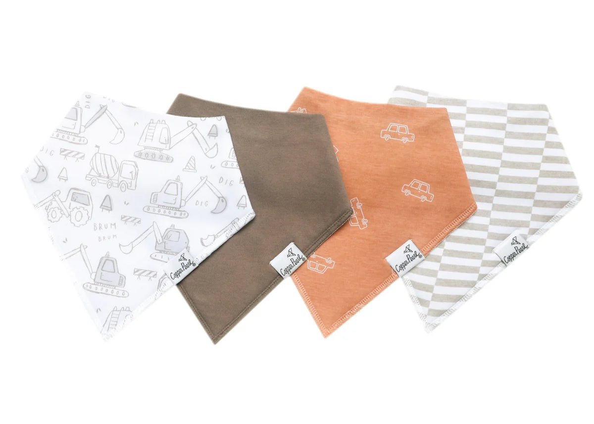 set of four bandana bibs for boys with trucks and stripes mainly orange and beige color 