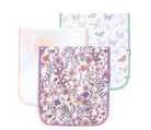 A set of three burp cloths with floral and butterfly patterns in shades of pink, purple, and green.