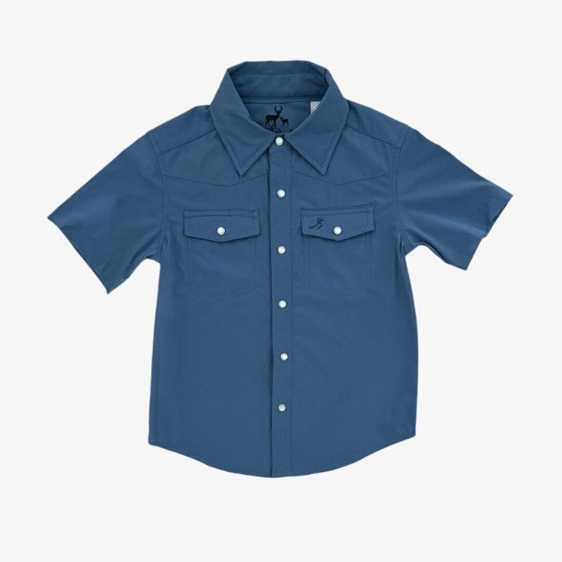 Blue short-sleeve shirt with button details on a white background